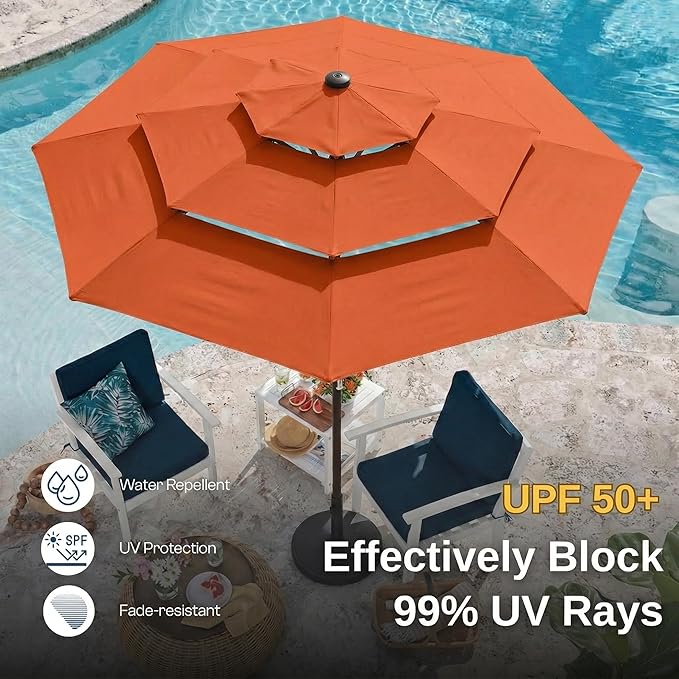 10ft 3 Tier Patio Umbrella, Outdoor Market Table Umbrella with UPF 50+ Vented Canopy, 8 Sturdy Ribs, Easy Push Button Tilt and Crank, Windproof for Deck, Pool, Backyard and Garden