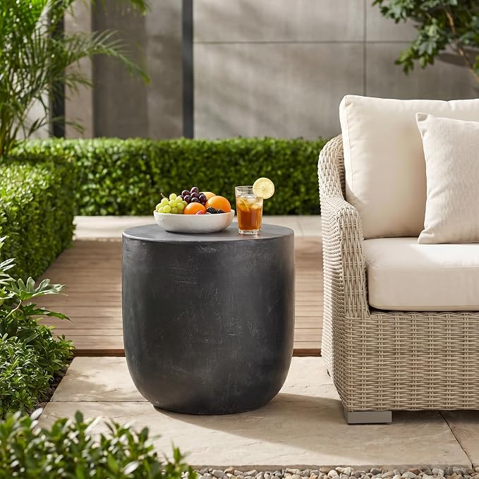 Outdoor Side Table Patio Concrete Side Table Round Drum End Table Faux Stone Side Tables Travertine Small Coffee Tables, Garden Stool Plant Stand for Backyard, 15.5" *15.75" Cylindrical, Black