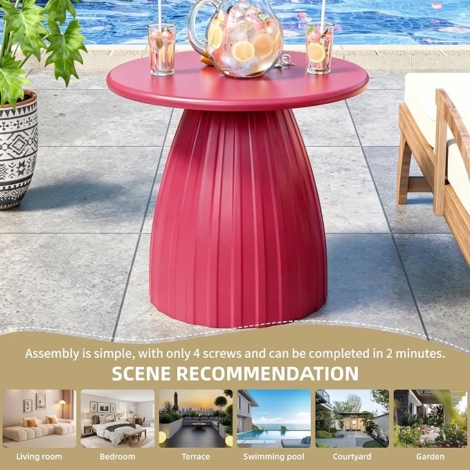 Round Metal Outdoor Patio Side Table, Steel Outdoor Accent Table, Small Patio End Table, for Garden, Pool, Yard, Balcony, Living Room, Deck, Weather Resistant, No Assembly, Pink