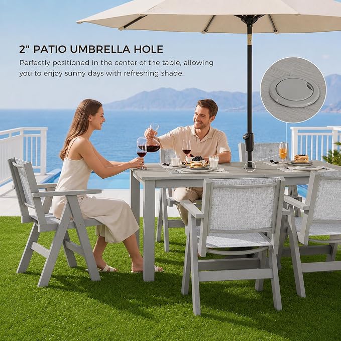 Outdoor Dining Table Set, 7 Piece HDPE Patio Set with Aluminum Dining Table & 4 Textilene Chairs, 69" Outdoor Table with Umbrella Hole for Deck, Lawn, Light Grey