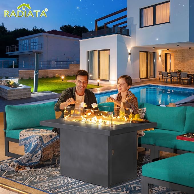 RADIATA 8 Seater Extra Large Modern Aluminum Outdoor Sofa with Lay Out Chair & Fire Pit Table, 500 lbs Durable Sectional Set for Heavy People, All Weather Comfy Patio Furniture Set for Backyard, Teal