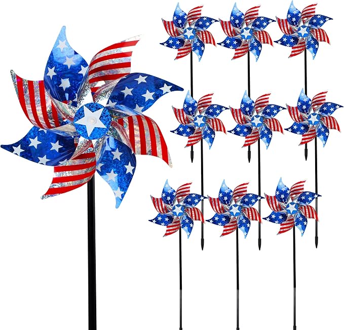 Hausse 10 Pack Reflective Pinwheels Patriotic Decorations (Assembly Required), American Flag Wind Spinner with Stake for Independence Day, Memorial Day July of 4th, Scare Birds Repellent Devices