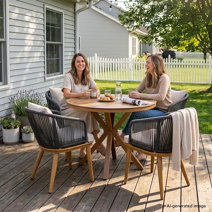 PURPLE LEAF 5 Pieces Patio Dining Set Wicker Outdoor Furniture Round Table and Chairs Set for Garden Deck Teak-Finish Aluminum Frame Backyard Kitchen Set, Cushions and Pillows Included