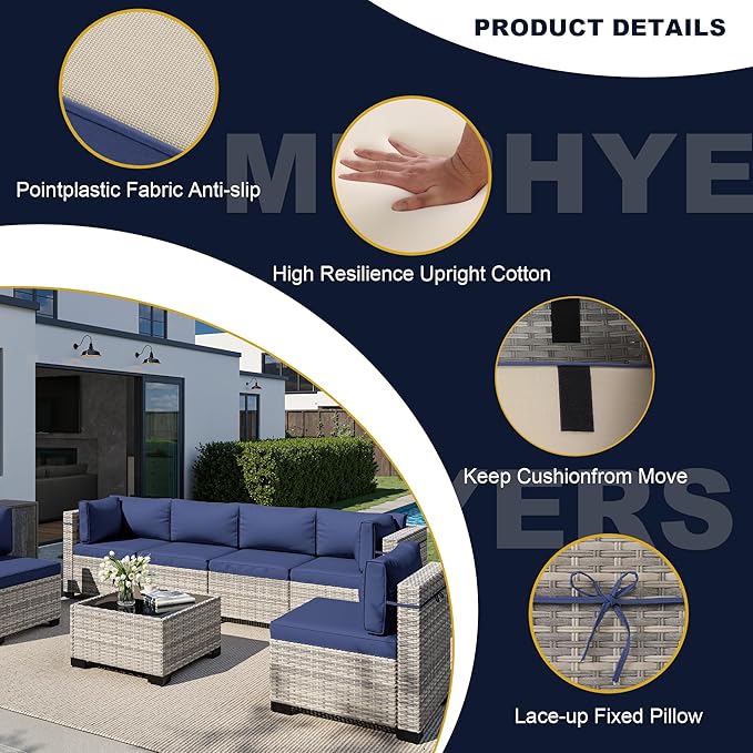 16-Piece Outdoor Patio Furniture Set with Rocking Swivel Chair, Wicker Rattan Sectional Sofa Conversation Set with 55,000 BTU Fire Pit Table with Ottomans, Backyard Furniture, Navy Blue