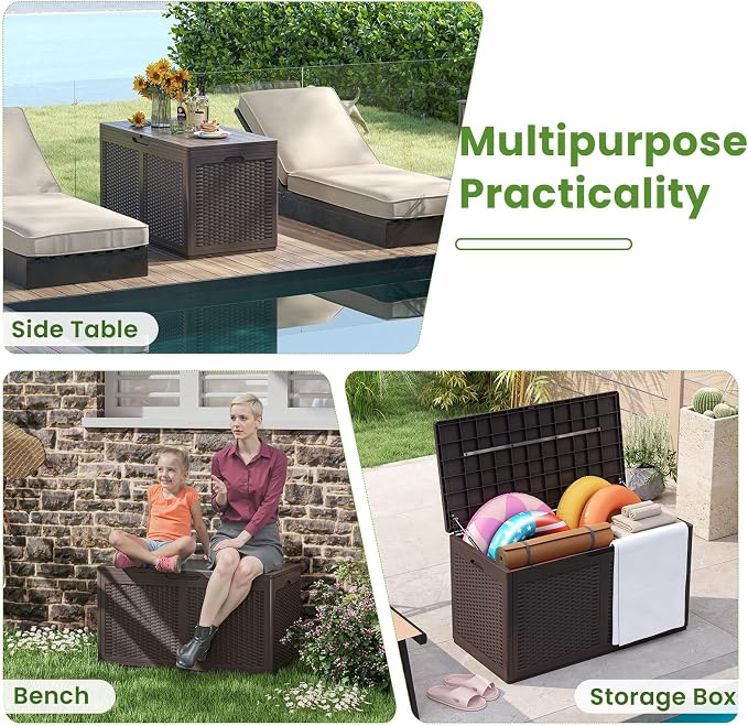 Giantex 100 Gallon Resin Outdoor Storage Box, Waterproof Deck Box w/Lockable Lid & Wheels, Rattan Storage Container Bench for Patio Cushions, Pool Accessories, Gardening Tools, 440 lbs (Brown)