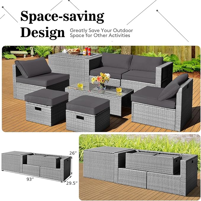 DORTALA 8 Pieces Patio Furniture Set, PE Rattan Sectional Sofa Set with Tempered Glass Table & Waterproof Cushions, Outdoor Wicker Conversation Set for Balcony, Poolside, Grey