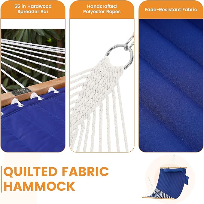 Lazy Daze Hammocks 2 Person Double Quilted Fabric Hammock with Spreader Bar, Detachable Pillow, Side Pocket, Carabiners, Chains, Straps for Outdoor, 450lbs Capacity, Navy Blue