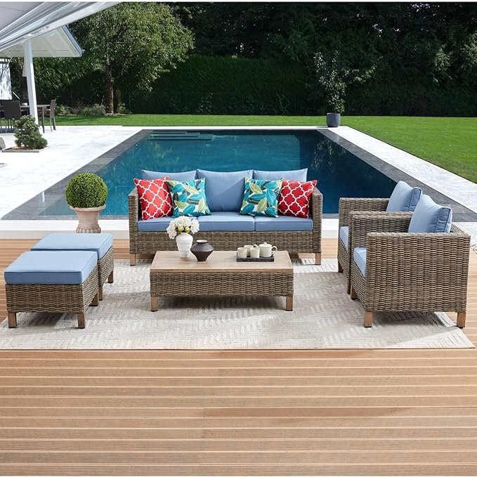 6 Pieces Sectional Sofa with Metal Top Coffee Table, Conversation Set Wicker Rattan Outdoor Furniture for Garden, Patio, Poolside, Porch PE Rattan Sofa (Blue)