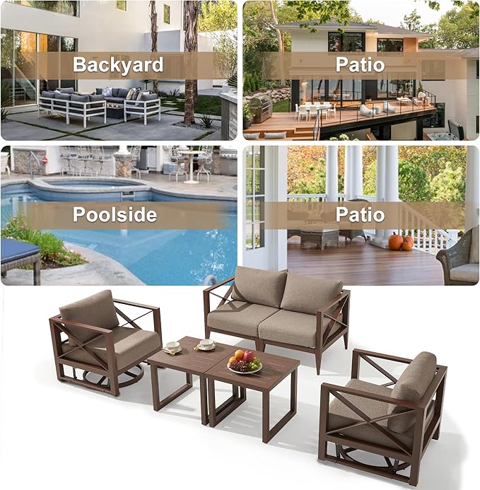 MBY Patio Furniture Set with Swivel Rocking Chairs & Coffee Table – 4-Seat Aluminum Outdoor Conversation Set, Weather-Resistant for Balcony, Poolside, Garden – Brown