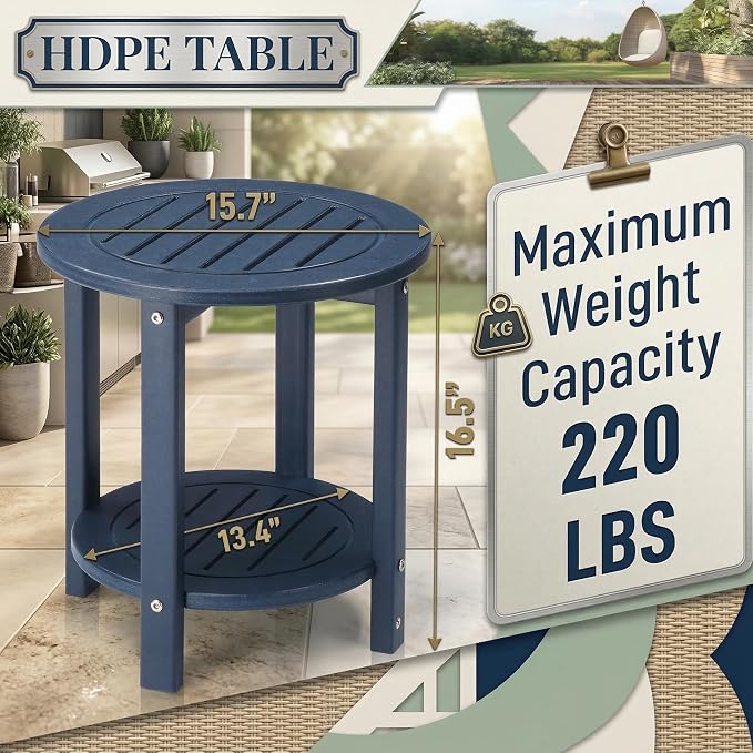2-Tier Outdoor Side Table, Round HDPE Adirondack Table for Patio, All-Weather Resistant End Table with Storage Shelf for Porch, Garden, Deck and Poolside, 220 lbs Capacity, Navy Blue