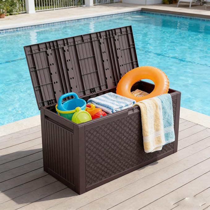 90 Gallon Lockable Deck Box Weatherproof Outdoor Storage Bench with Wheels UV Resistant Resin Patio Container for Cushions Tools Pool Gear Brown 45.7" L x 19.5" W x 23.2" H
