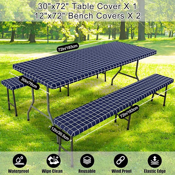 Smiry Picnic Table Cover with Bench Covers, Waterproof Elastic Fitted Tablecloth for 6 Foot Tables, Washable Polyester Tablecloths for Camping, Indoor & Outdoor (Navy & White, 30x72 Inch 3-pc Set)