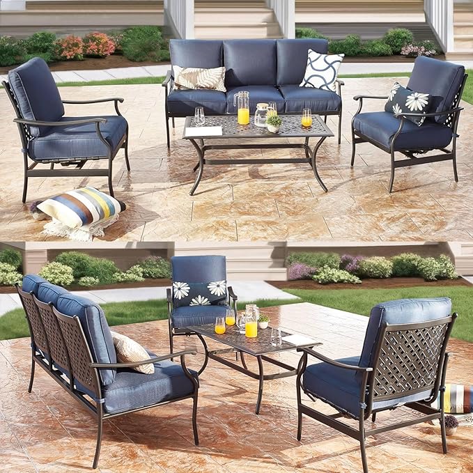 PatioFestival Patio Conversation Set 4Pcs Cushioned Outdoor Furniture Sets Patio Seating with All Weather Galvanized Steel Frame (Blue)