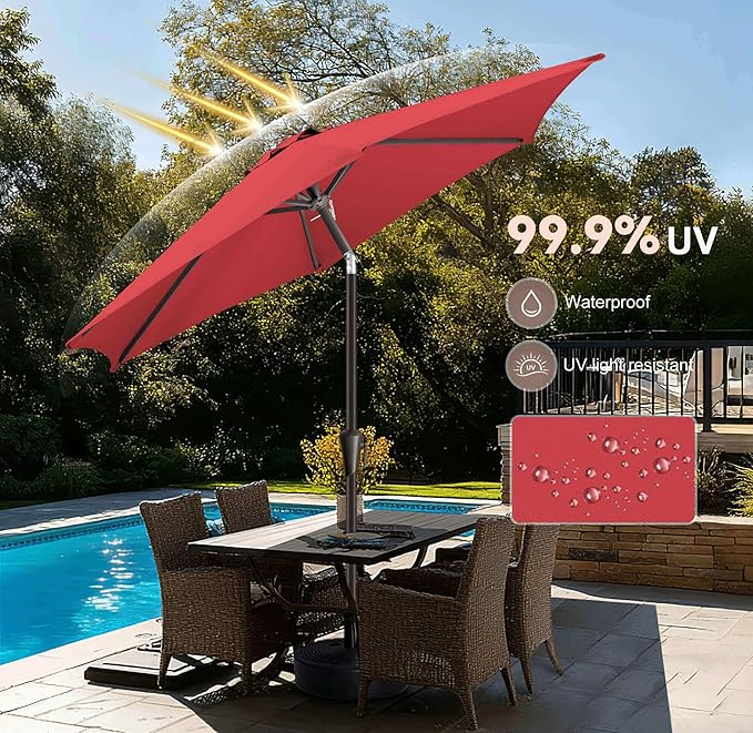 7.5ft Outdoor Patio Umbrella - Table Umbrella Waterproof UV Protection, Sombrillas de Patio with Push Button Tilt, Sun Umbrella for Pool, Porch, Garden, Deck, Backyard (Red)