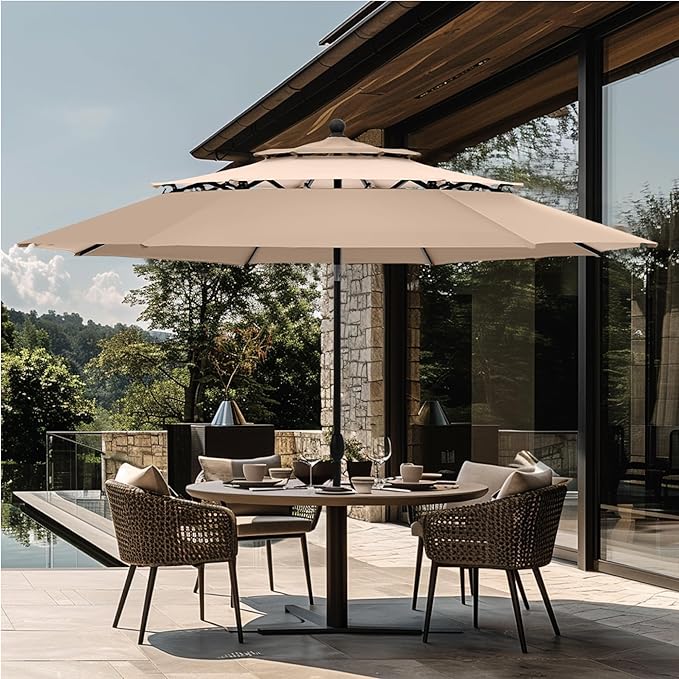 GREEN PARTY 10ft Outdoor Patio Umbrella, [Auto-Tilting] 3 Tiers Market Table Umbrellas with 1.5" Pole, 8 Sturdy Ribs, 3-Year-Non-Fading for Garden Deck Pool Backyard, Beige & Tan