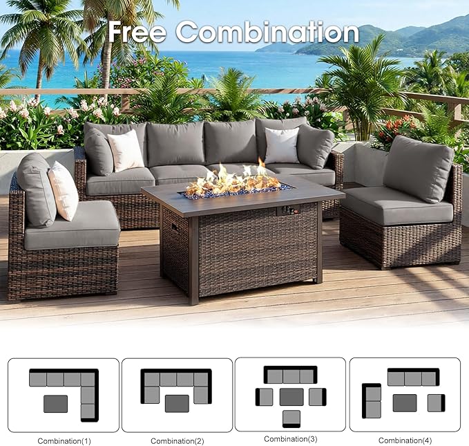 7 Piece Patio Furniture Set with 44" Fire Pit Table, Outdoor Sectional Couch, PE Rattan Patio Conversation Sets with 4inch Cushions for Backyard Grey (GY)