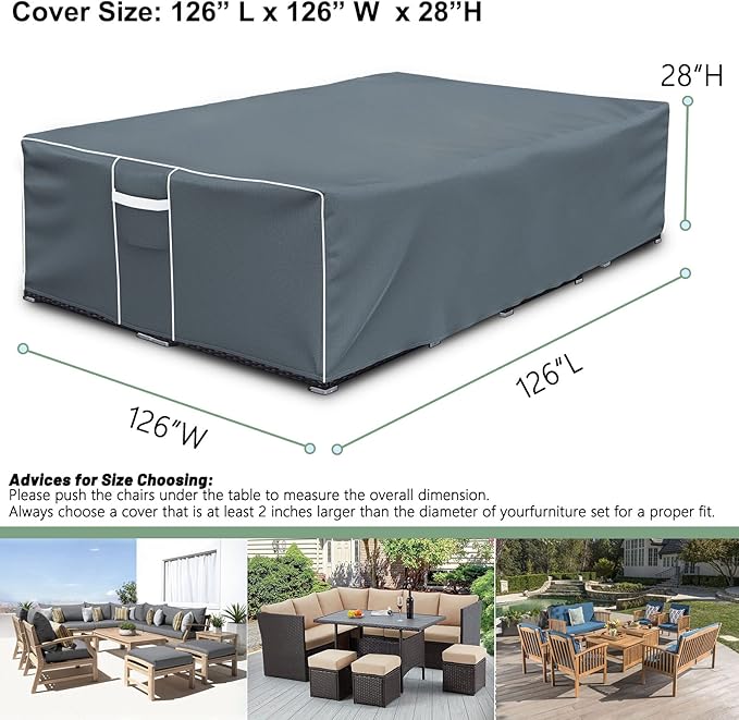 Gasadar Outdoor Furniture Cover Waterproof, Square Patio Sectional Cover,126"x126"x28", 600D Heavy Duty, Grey