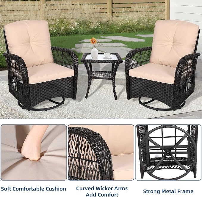 3-Piece Patio Wicker Conversation Bistro Set, Rattan Gliding Rocking Swivel Chairs with Cushion and Glass Top Side Table Outdoor Furniture Sets for Garden Backyard, Dark Brown