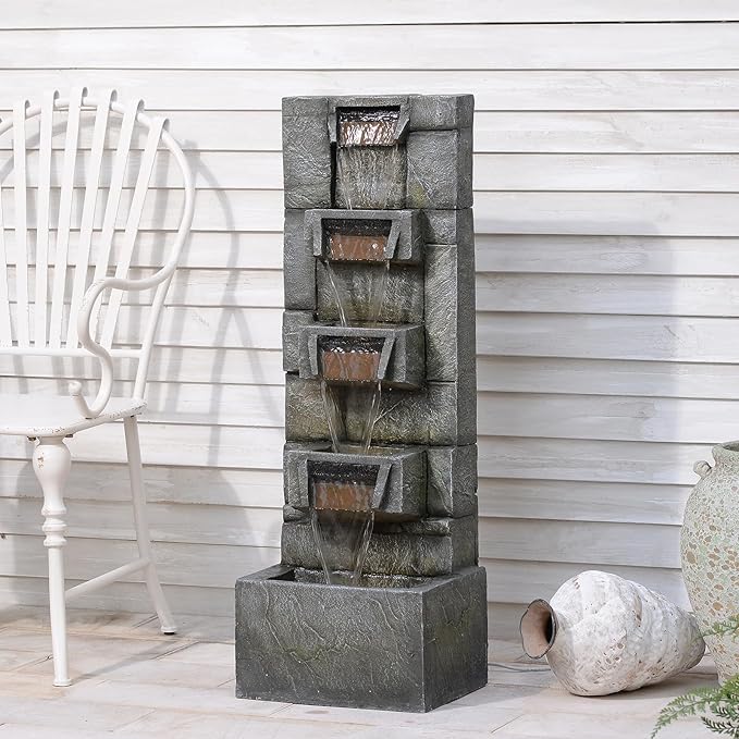 Tiered Outdoor Water Fountain Garden - 41'' Tall Patio Fountains Outdoor Water Feature with Light, Resin Cascading Waterfall Feature Stone Texture Waterfall for Yard Patio Porch Outside, Gift