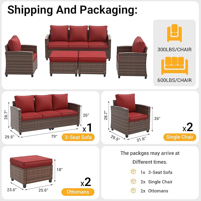 6 Pieces Patio Furniture Set with 44" Gas Fire Pit Table, Outdoor Sectional Sofas, All-Weather Wicker Rattan Sofa w/Gas Fire Pit, Ottoman, Thick Cushion, Wine Red