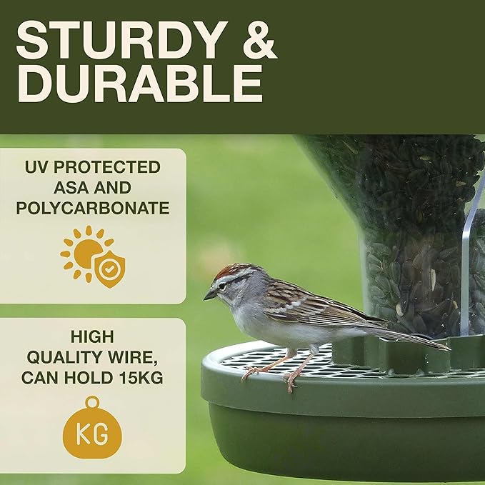 SWISSINNO Bird Feeders - No Mess Hanging Bird Feeder for Outdoors - Smart Birds Davos Spill Proof Wild Cardinal & Small Bird Feeder with Integrated Seed Catcher Tray - Dual Chamber - Green