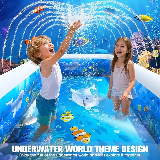 2026 Inflatable Pool with Sprinkler,Durable Blow up Pool with Big Backrest, Rectangle Kid Pool Backyard,Children Swimming Pool,Small Inflatable Kiddie Pool,Outdoor Water Pool for Kid69×39×23IN