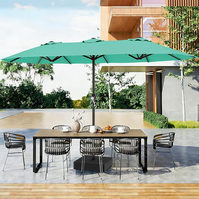 AreShark 15FT Outdoor Patio Umbrella with Crank, Large Rectangular Market Umbrella, Double-Sided Outdoor Umbrellas with Cross Base & Sandbag for Porch, Lawn, Pool, Backyard, Cerulean