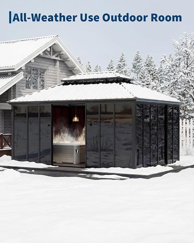 12x16 ft Hardtop Gazebo Sunroom, All-Season Outdoor Room with Aluminum Frame, Enclosed Patio Solarium with Polycarbonate Sliding Doors & Double Roof for Backyard, Deck, and Hot Tub Enclosure