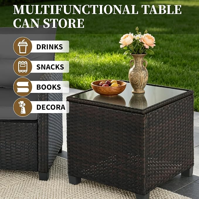 3 Pieces Patio Furniture Set,Outdoor Wicker Conversation Set,Outdoor Wicker Patio Chairs with Cushions & Glass Coffee Table,Bistro Set Outdoor for Porch (Grey)