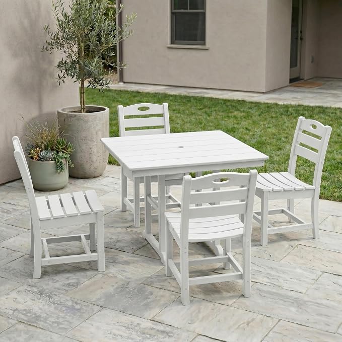 5-Pcs Outdoor Patio Dining Table Set of 5, Outdoor Patio Square 37.8'' Dining Table Set for Lawn Garden Backyard, HDPE Material & 1.7'' Umbrella Hole (Armless Chair, White)