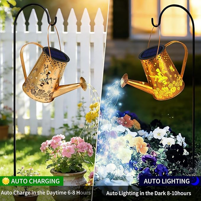YJFWAL Solar Watering can with Lights, Gifts for Mothers Day Mom Grandma Women Birthday, Waterproof Gardening Gifts Watering Can with Cascading Lights Outdoor Decor for Garden Patio Yard Pathway
