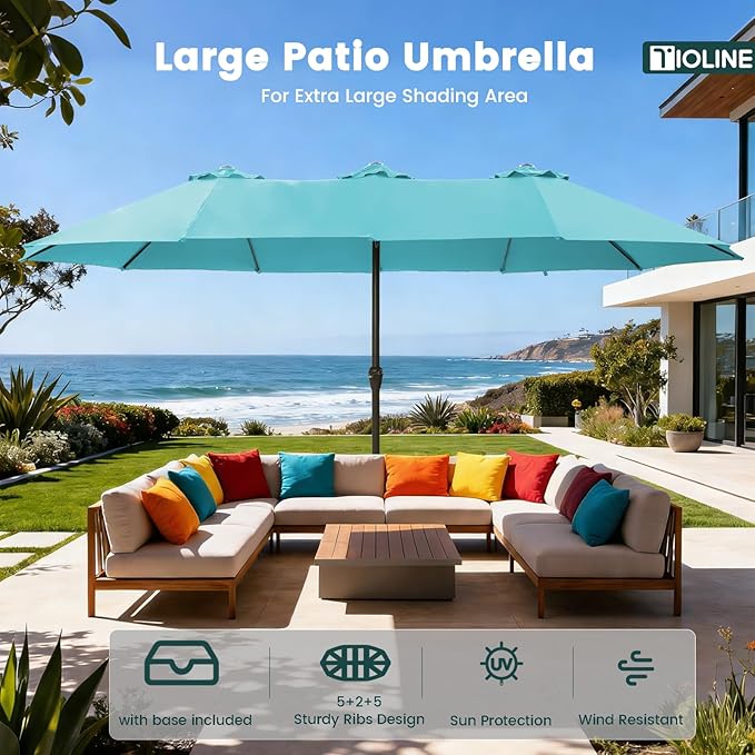 15FT Large Patio Umbrellas with Base Included, Outdoor Double-Sided Rectangle Big Market Umbrella with Stand, Outside Umbrellas for Poolside Lawn Backyard,Light Blue