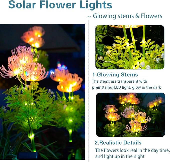 Solar Garden Lights 4 Pack, Solar Flowers Lights with Glowing Flowers & Stems, Upgraded Solar Panel, Outdoor Lights for Garden Decoration,Yard Decor and Gift for Mother