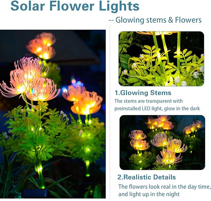 Solar Garden Lights 2 Pack, Solar Flowers Lights with Glowing Flowers & Stems, Upgraded Solar Panel, Outdoor Lights for Garden Decoration,Yard Decor and Gift for Mother
