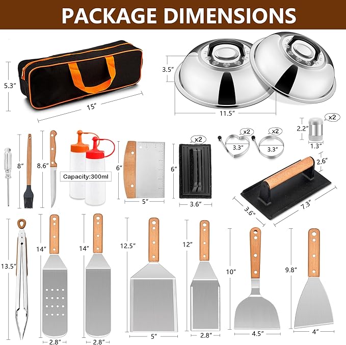 25Pcs Griddle Accessories Kit for Blackstone, Joyfair Stainless Steel Flattop Grilling Spatula Accessory Tools Set with Smash Burger Press Basting Cover for Outdoor BBQ Hibachi Cooking (Wooden Handle)