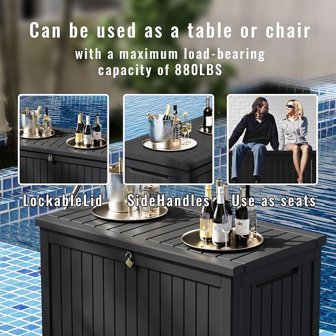 deck box,XXL 230 gallon Resin Large outdoor storage box waterproof and sunproof Loackable Suitable for patio furniture and outdoor garden tool storage（black）