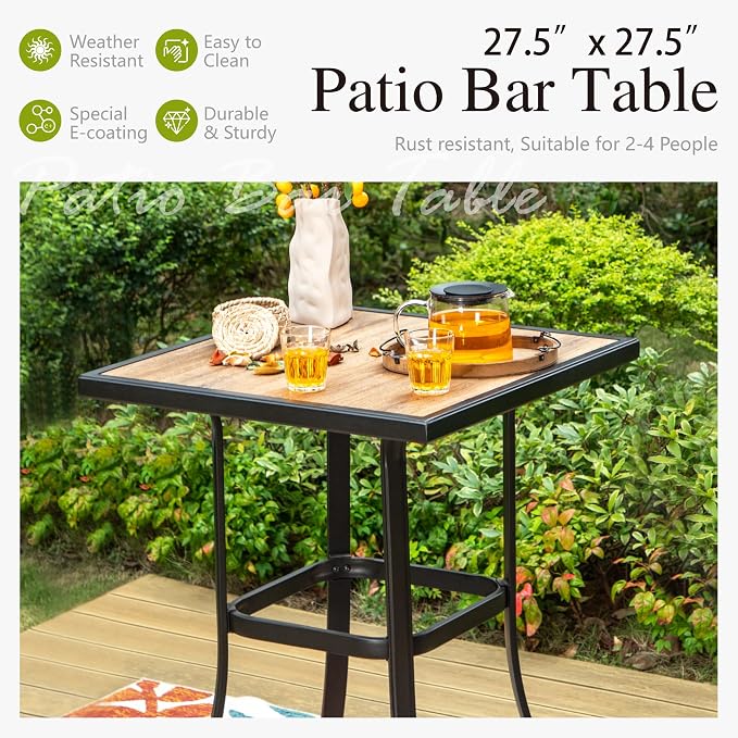 Sophia and William Outdoor Bar Height Table Square Patio Bar Table Metal Bistro Bar Table 27" x 27" Wood Like for Backyard Garden Pool