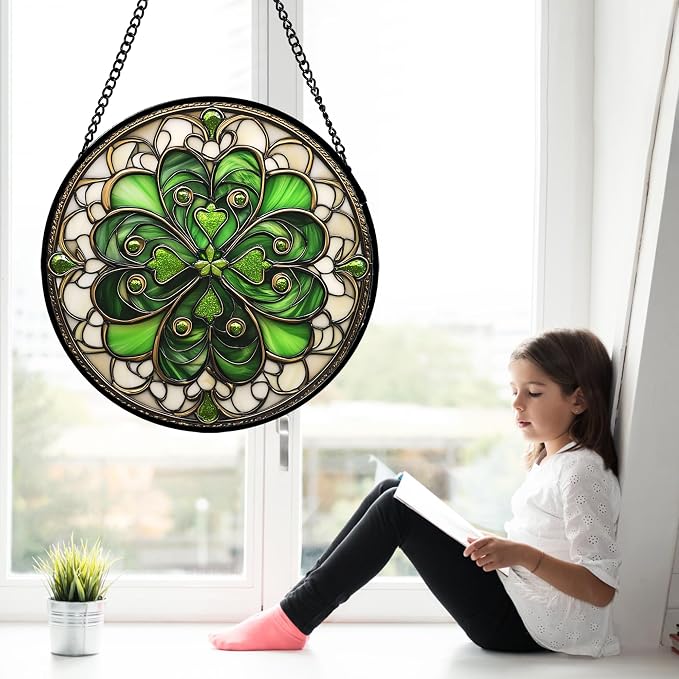 DASTOLL Stained Glass Window Hanging St. Ripak Festival Green Lucky Clover 7.8" - Suncatcher Door Garden Sun Catcher Ireland Decor Mother's Day for Mom Woman Her Men Sisters