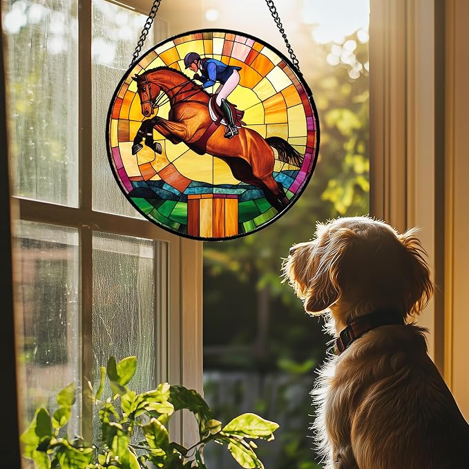 DASTOLL Stained Glass Window Hanging Equestrian Sports Large 11.8" - Horse Suncatcher Door Garden Sunroom Sun Catcher Home Decor Birthday Christmas for Mom Men Woman Nana