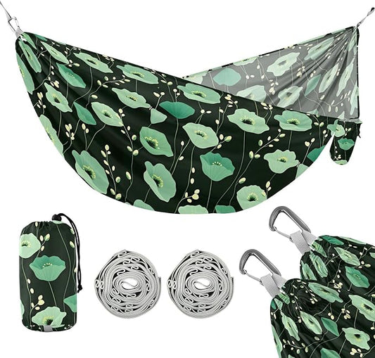 Camping Hammock Outdoor Hammocks for Outside Green Flowers Black Beach Trees Portable Lightweight with Pockets Tree Straps Indoor