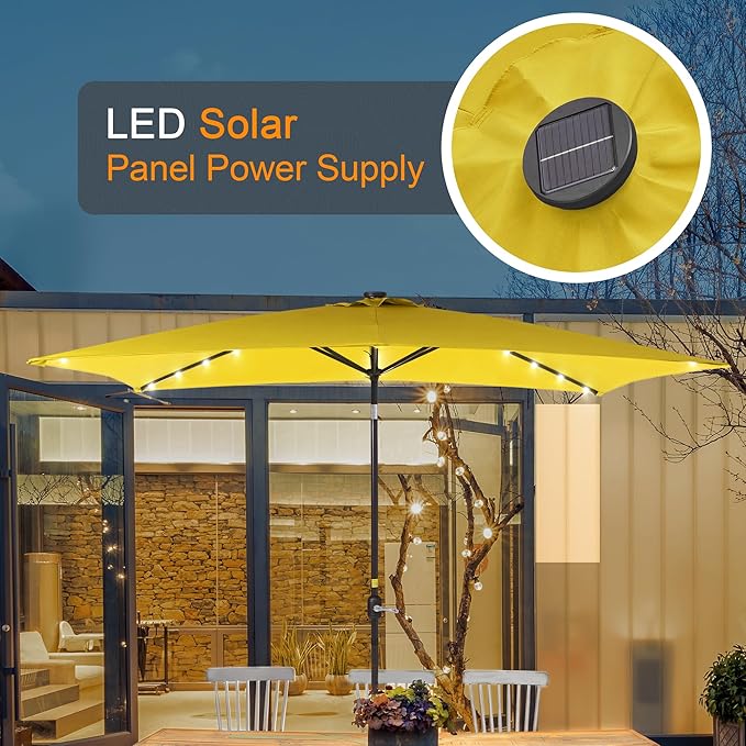 Rectangle Patio Umbrella with Solar Lights, 10 x 6.5ft Rectangular Outdoor Umbrella Table Market Patio Umbrella with Push Button Tilt and Crank for Garden, Deck, Backyard, Pool
