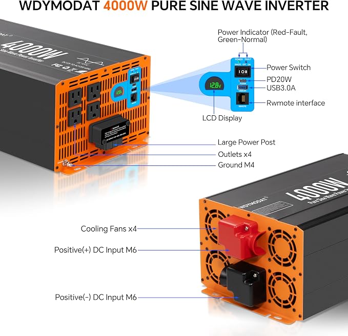 4000W Pure Sine Wave Inverter,12V DC to 120V AC Car Power Inverter 8000W Peak with 4 AC Outlets, 3.0A USB and Type-C, LCD Display 16.5 ft Remote Control for RV Truck Travel Solar Emergency
