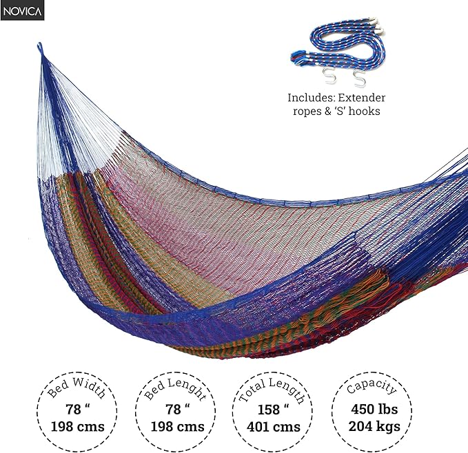 NOVICA Artisan Crafted Patterned Blue and Bright Mayan Hammock | Woven Nylon | Long Lasting Colorfast | Cotton Trim | Steel Hooks | 'Tropical Passion' (2 Person) | 7.2' W x 12.8' H