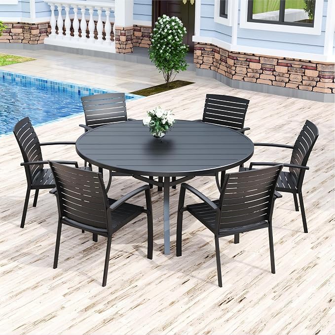 Anmutig Outdoor Patio Round Dining Table, 54"x 54" Metal Slatted Round Tabletop with Adjustable Umbrella Hole for Deck Lawn Garden Backyard Balcony Deck, Black