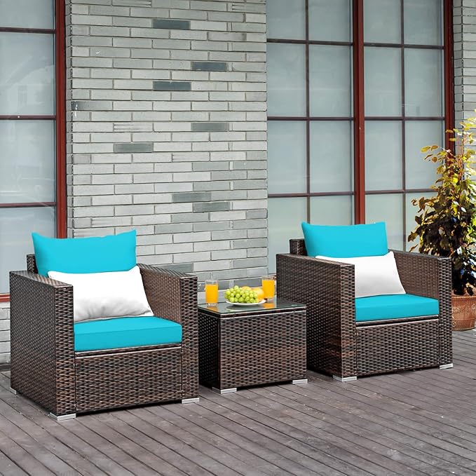 Tangkula 3 Pieces Patio Furniture Set, Outdoor Conversation Rattan Furniture Set w/Washable Cushion and Tempered Glass Tabletop, PE Rattan Wicker Sofa Set for Garden Poolside Balcony