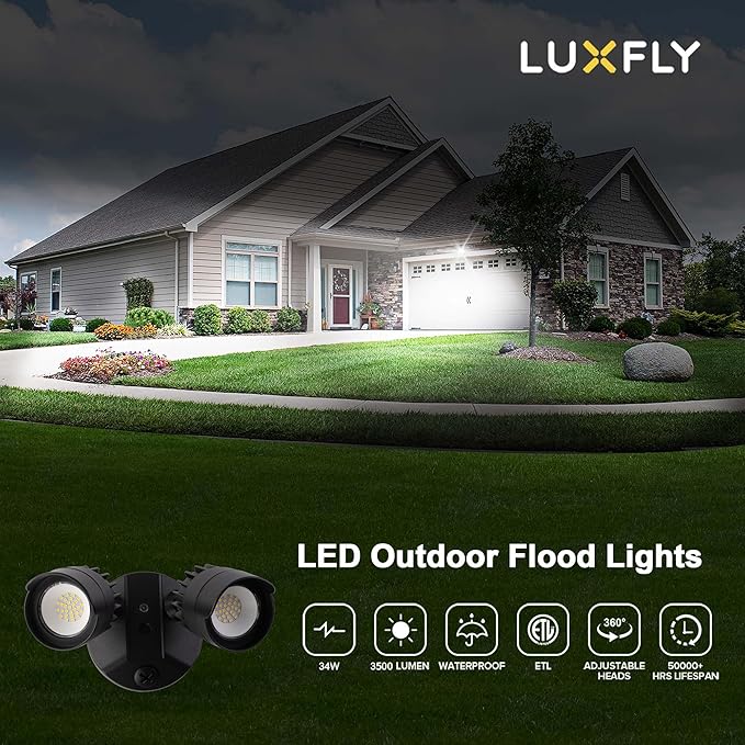 LED Flood Lights Outdoor, 34W 3500LM Dusk to Dawn Dual-Head Flooflight, IP65 Waterproof Exterior Security Lights, Wall Light for Ourside, Patio, Garage, Yard (Black) (2)