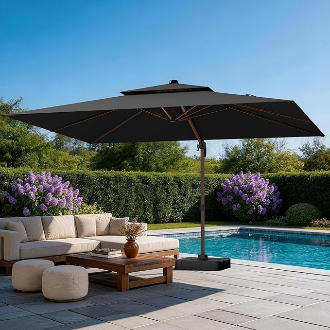 GENTEACO 10x13FT Wood Pattern Cantilever Patio Umbrella, Double Top Rectangle Offset Umbrella 7 Angle Tilts & 360° Rotation, Large Heavy Duty Outdoor Sun Umbrella for Pool Market, Black