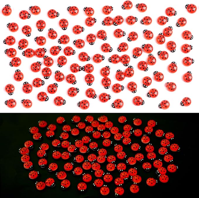 KIMOBER 100PCS Mini Luminous Ladybug Miniature Figurines,Glow in Dark Resin Animals Ladybug Figures for Fairy Garden Micro Landscape Decor Cake Topperr