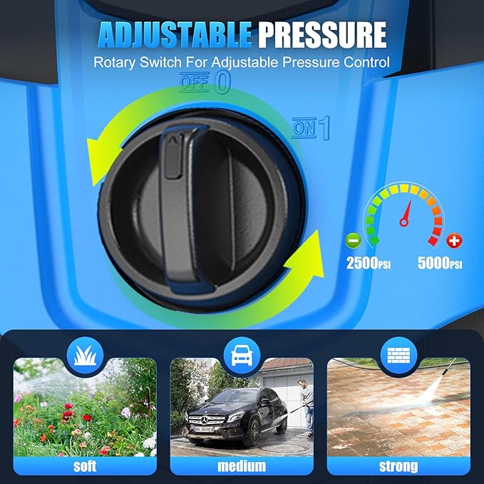 Pressure Washer 5000PSI Adjustable Pressure Power Washers Powered with 33ft Hose, 4 Nozzle and Foam Cannon, Powerwashers Cleaner Machine for Home, Cars, Blue
