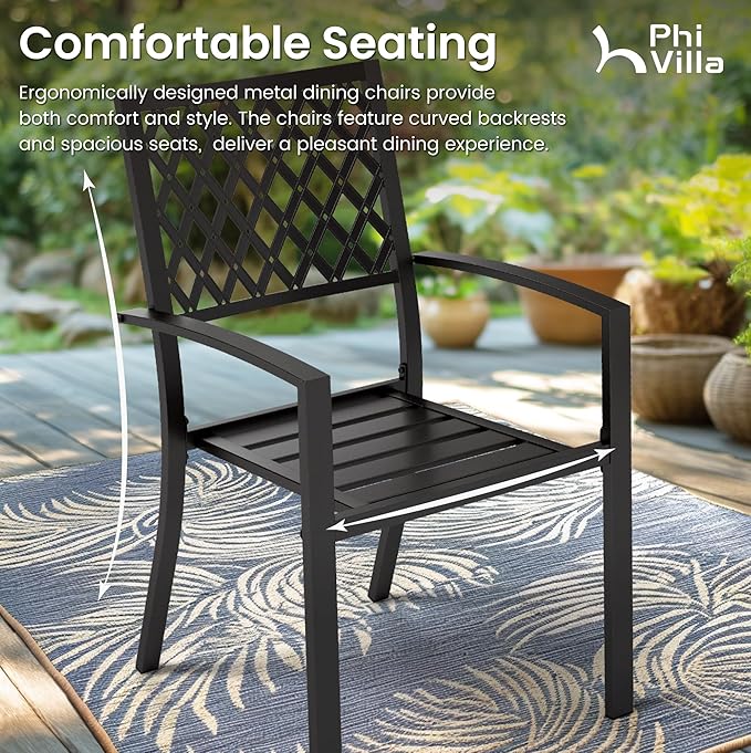 PHI VILLA 7 Pieces Outdoor Dining Set for 6, 60” Rectangular Black Metal Table with Umbrella Hole & Fixed Swivel Chairs Combo, Outside Furniture for Patio, Deck, Backyard, Porch